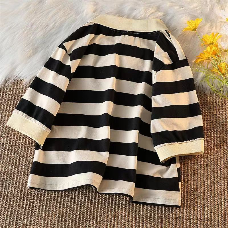 Áo Thun polo Ngắn Tay Họa Tiết Kẻ Sọc Ngang Phong Cách Hàn Quốc Cho Bé Gái 12-14 Tuổi