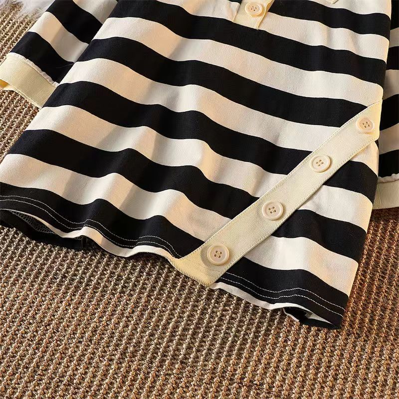 Áo Thun polo Ngắn Tay Họa Tiết Kẻ Sọc Ngang Phong Cách Hàn Quốc Cho Bé Gái 12-14 Tuổi