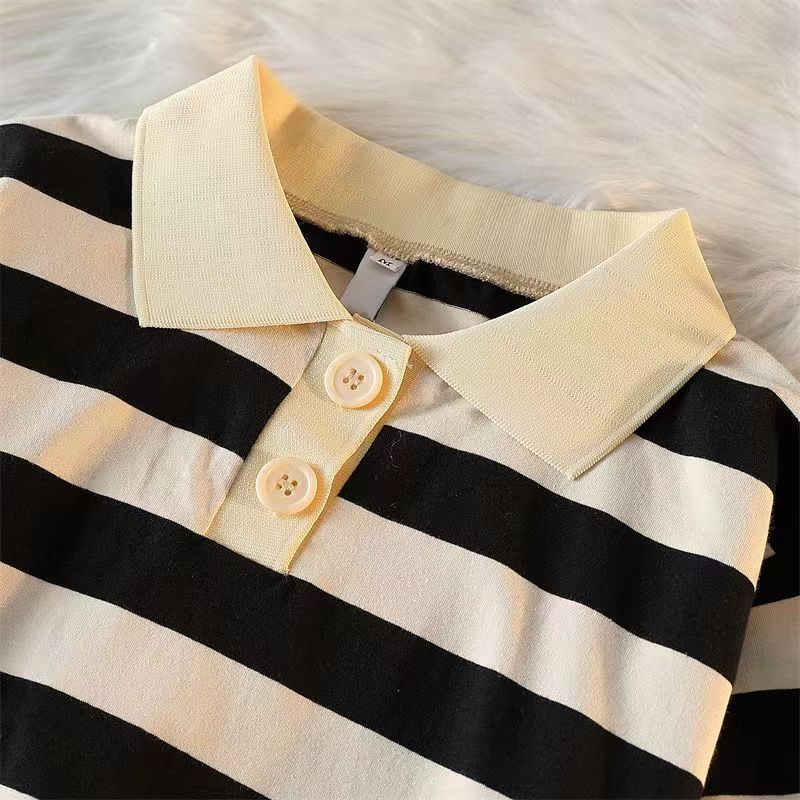 Áo Thun polo Ngắn Tay Họa Tiết Kẻ Sọc Ngang Phong Cách Hàn Quốc Cho Bé Gái 12-14 Tuổi