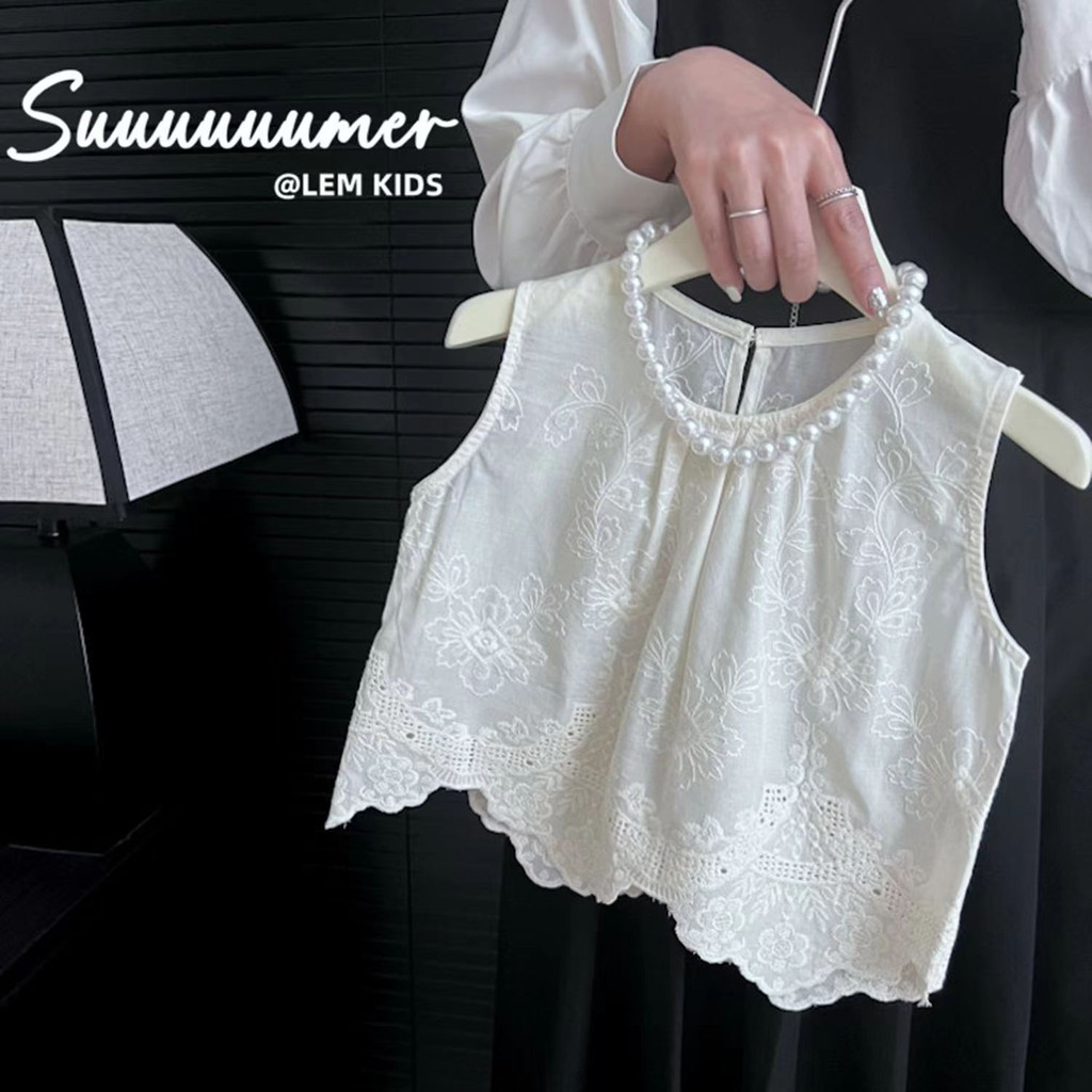 Bộ Áo Sát Nách Thêu Ren Trắng Cao Cấp + Quần Lửng Màu Trơn Cho Bé Gái