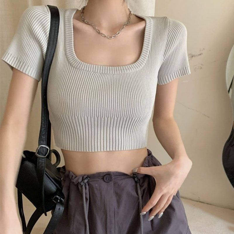 Áo Thun Dệt Kim Tay Ngắn Cổ Vuông Dáng Ôm Thời Trang Mùa Hè Dành Cho Nữ