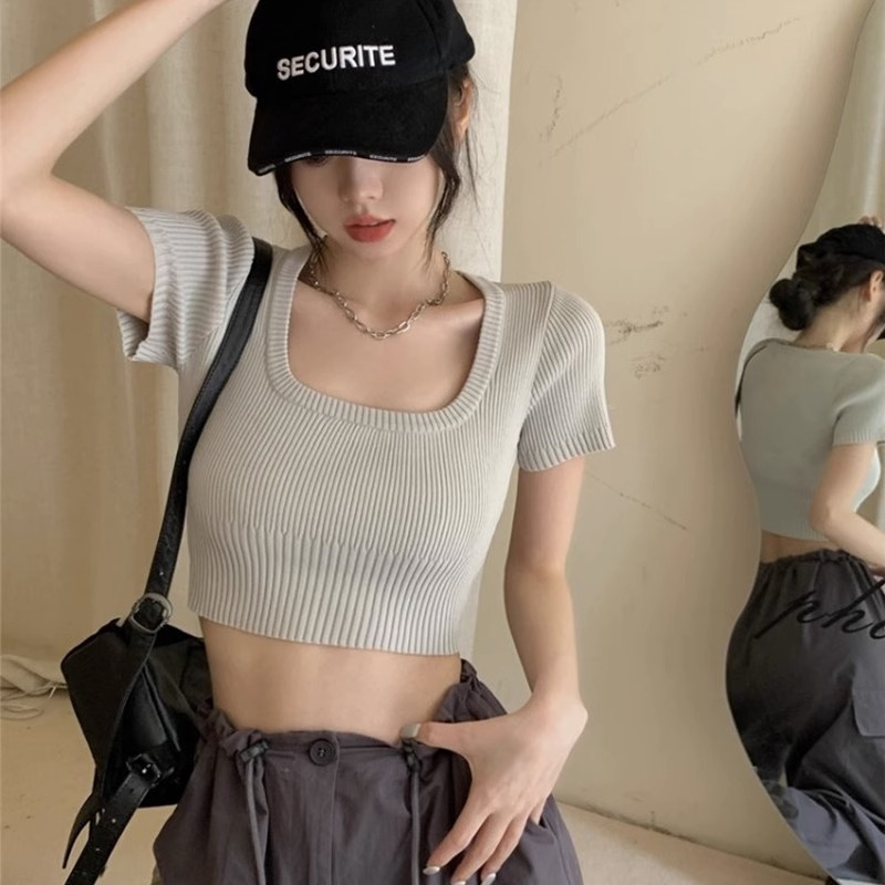 Áo Thun Dệt Kim Tay Ngắn Cổ Vuông Dáng Ôm Thời Trang Mùa Hè Dành Cho Nữ
