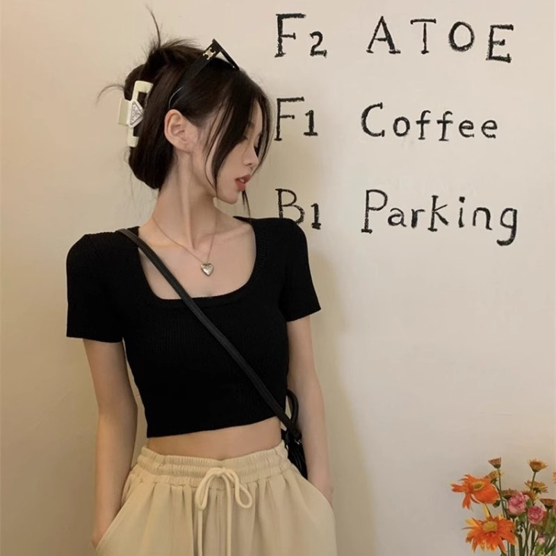 Áo Thun Dệt Kim Tay Ngắn Cổ Vuông Dáng Ôm Thời Trang Mùa Hè Dành Cho Nữ
