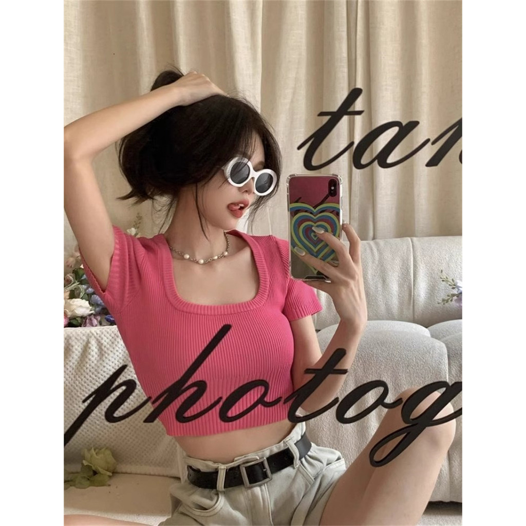 Áo Thun Dệt Kim Tay Ngắn Cổ Vuông Dáng Ôm Thời Trang Mùa Hè Dành Cho Nữ