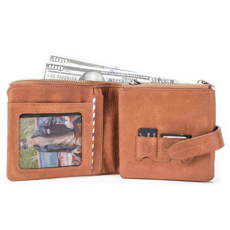 Ví Da Thật Đựng Thẻ Có Khóa Kéo Phong Cách Retro Thời Trang Cho Nam