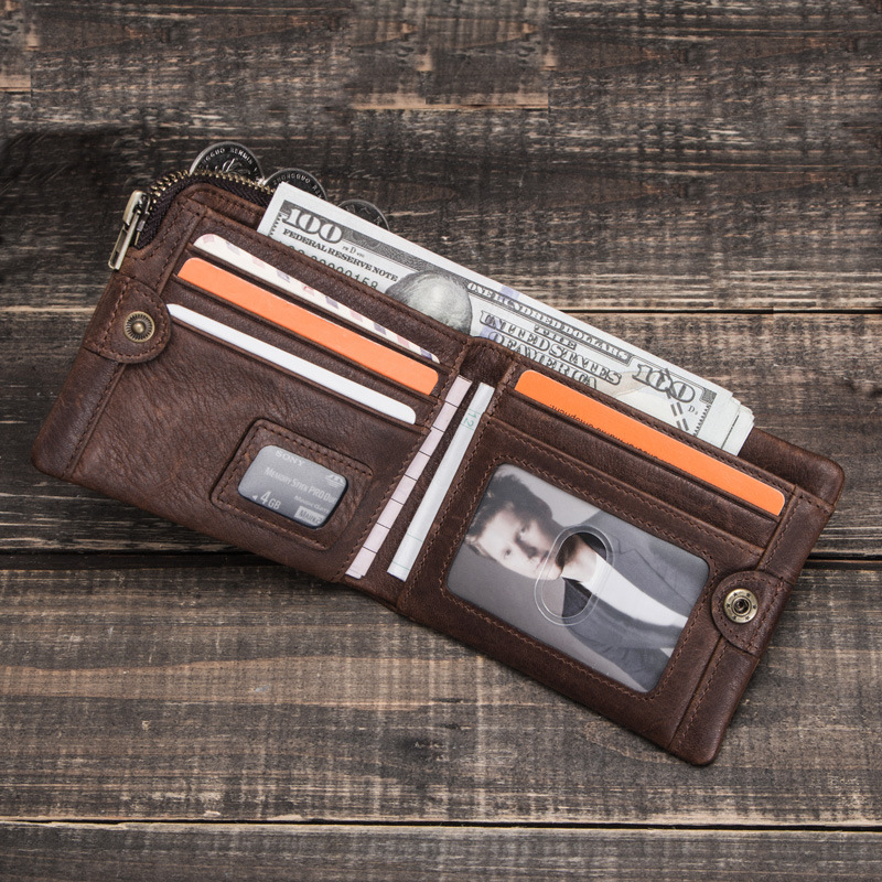 Ví Da Thật Đựng Thẻ Có Khóa Kéo Gấp Gọn Kiểu Retro Thời Trang Cho Nam