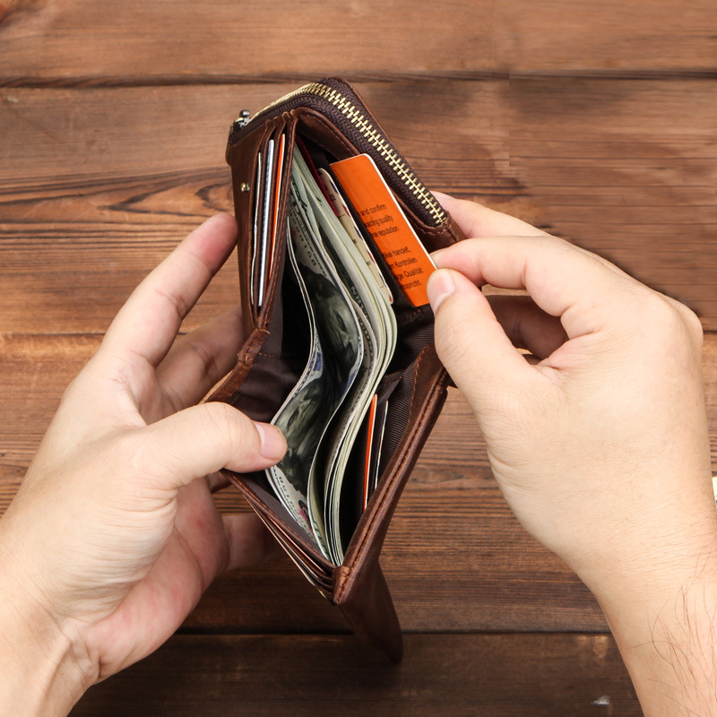 Ví Da Thật Đựng Thẻ Có Khóa Kéo Gấp Gọn Kiểu Retro Thời Trang Cho Nam