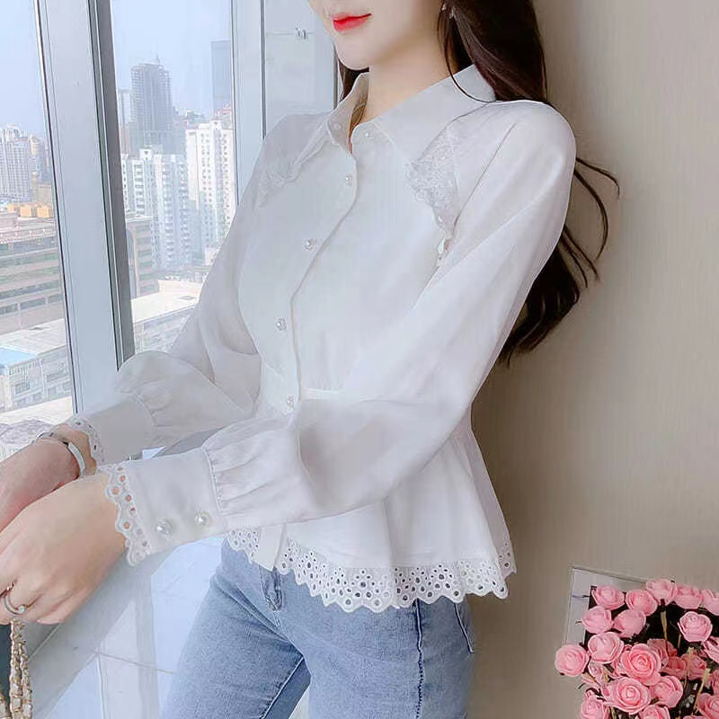 Áo Kiểu Tay Dài Cổ Bẻ Phối Ren Ôm Eo Thời Trang Hàn Quốc Cho Nữ