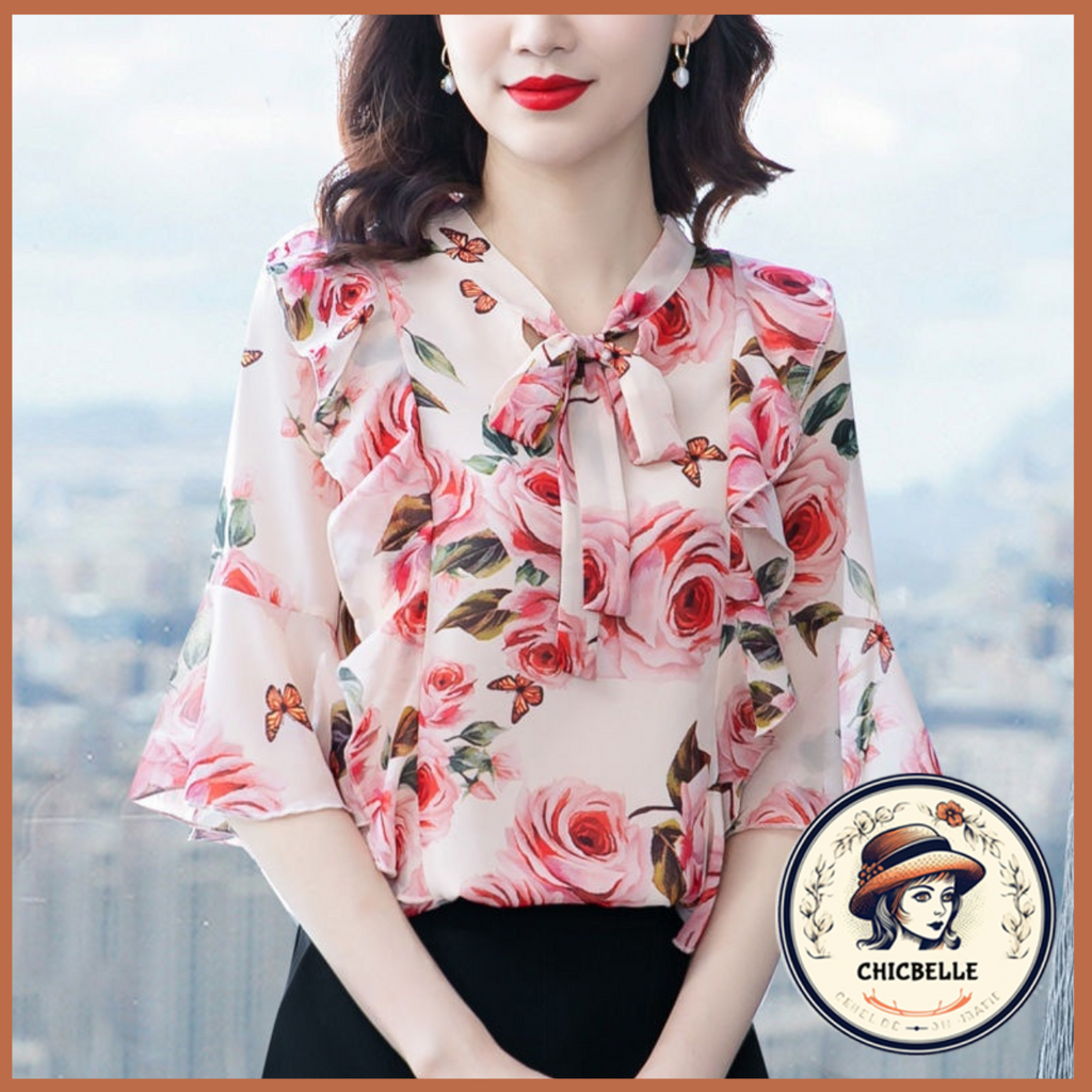 Áo Trung Niên Nữ Sang Trọng Cho Mẹ Bigsize Áo Sơ Mi Voan Kiểu Đẹp 40 Tuổi Cổ Chữ V Hoa Mùa Hè Phong Cách Hàn Quốc Thời Trang