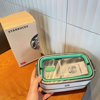 Hộp Đựng Cơm Trưa Hai Tầng Cách Nhiệt Bằng Thép Không Gỉ 304 Màu Xanh Lá / Trắng Kèm Đũa Và Muỗng Starbucks