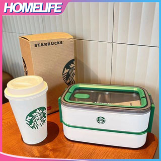 Hộp Đựng Cơm Trưa Hai Tầng Cách Nhiệt Bằng Thép Không Gỉ 304 Màu Xanh Lá / Trắng Kèm Đũa Và Muỗng Starbucks
