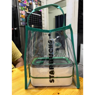 Hộp Đựng Cơm Trưa Hai Tầng Cách Nhiệt Bằng Thép Không Gỉ 304 Màu Xanh Lá / Trắng Kèm Đũa Và Muỗng Starbucks