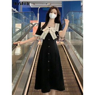 Đầm Đen Ngắn Tay Dáng Ôm Đính Nơ Phong Cách Hepburn Pháp Cho Nữ