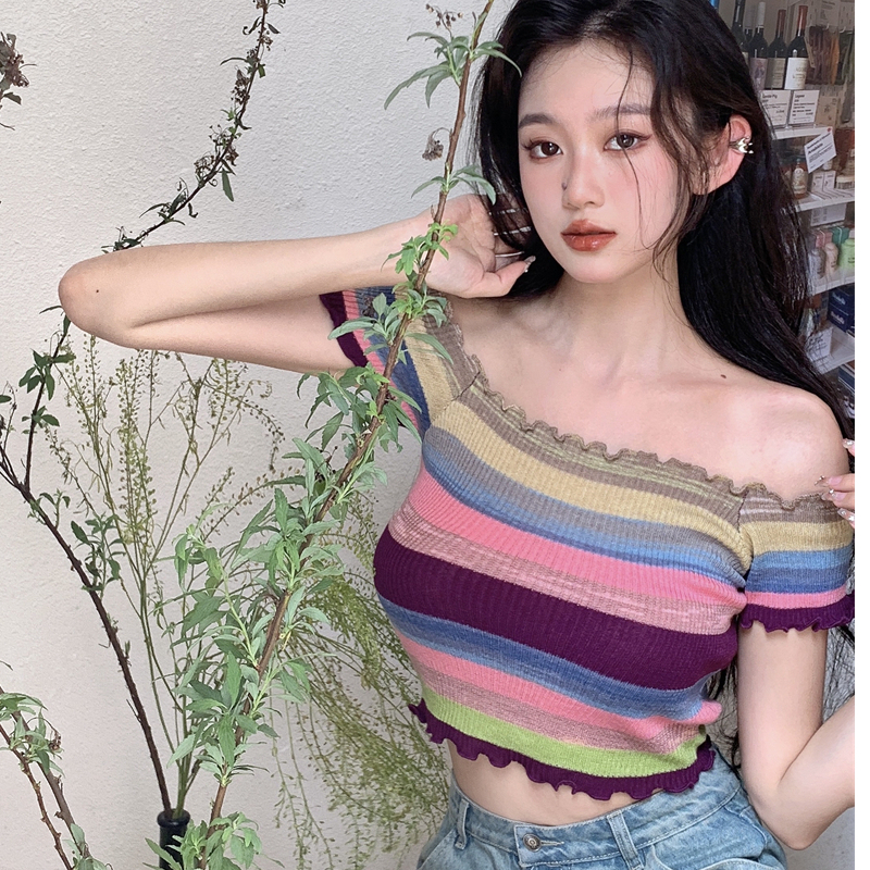 Áo Thun Dệt Kim Tay Ngắn Hở Vai Họa Tiết Kẻ Sọc Nhiều Màu Sắc Thời Trang Mùa Hè Dành Cho Nữ