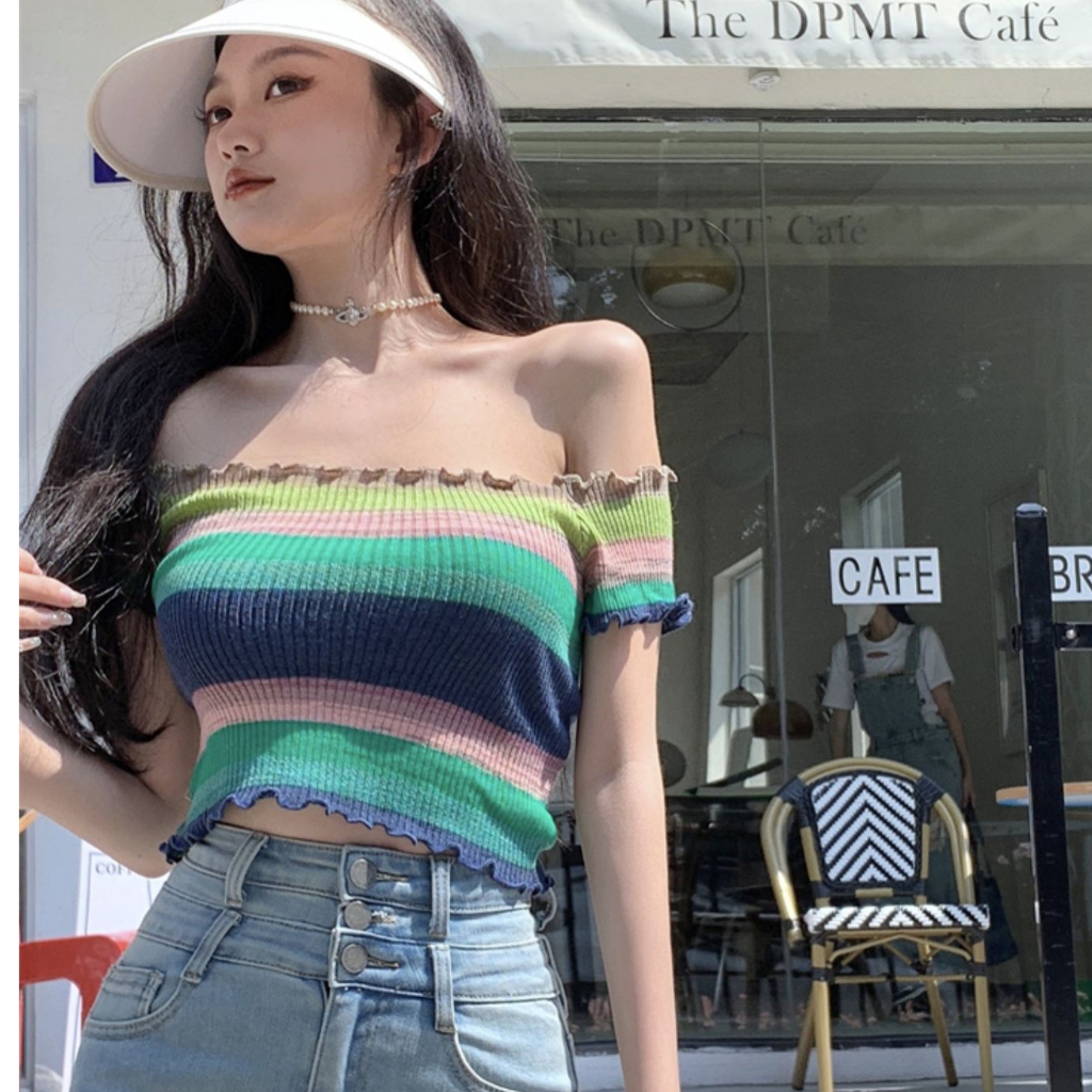 Áo Thun Dệt Kim Tay Ngắn Hở Vai Họa Tiết Kẻ Sọc Nhiều Màu Sắc Thời Trang Mùa Hè Dành Cho Nữ