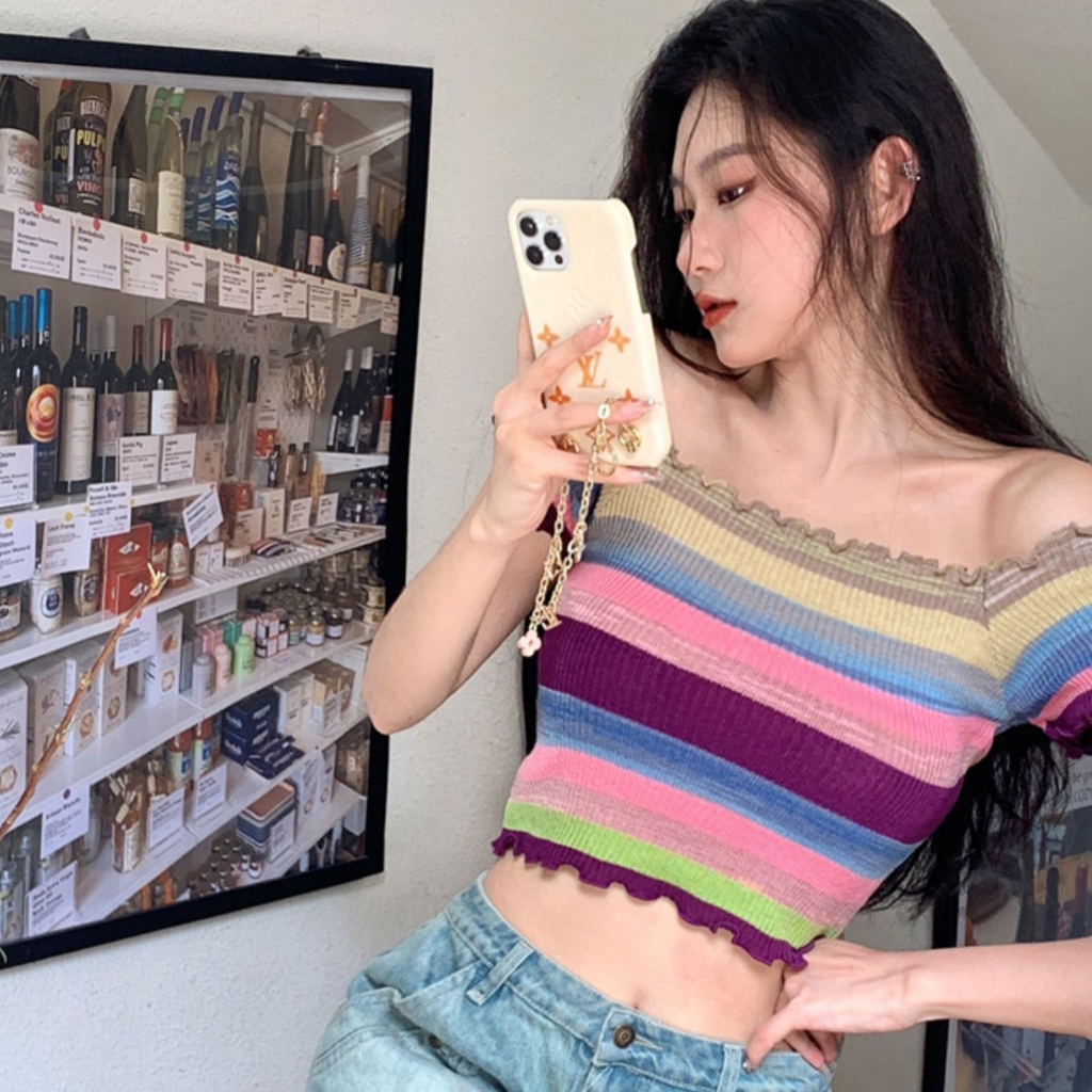 Áo Thun Dệt Kim Tay Ngắn Hở Vai Họa Tiết Kẻ Sọc Nhiều Màu Sắc Thời Trang Mùa Hè Dành Cho Nữ