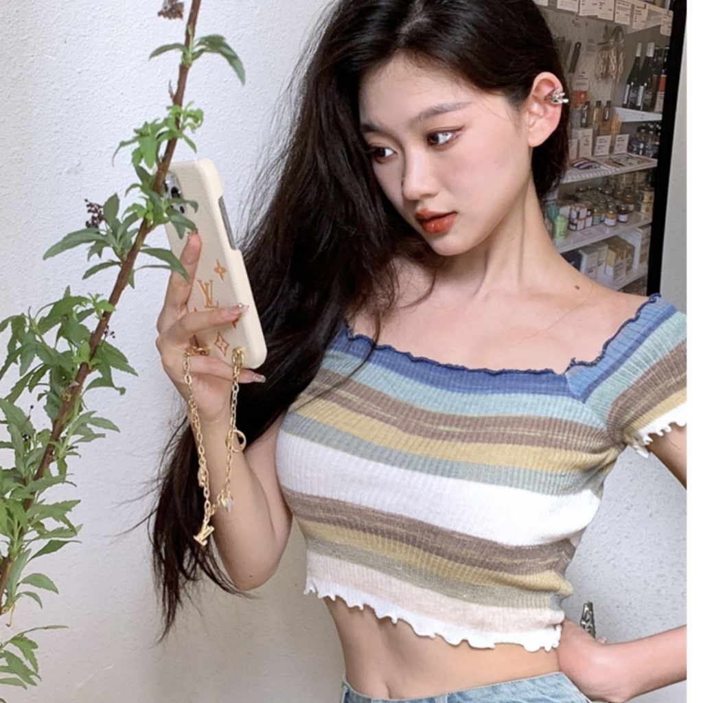 Áo Thun Dệt Kim Tay Ngắn Hở Vai Họa Tiết Kẻ Sọc Nhiều Màu Sắc Thời Trang Mùa Hè Dành Cho Nữ