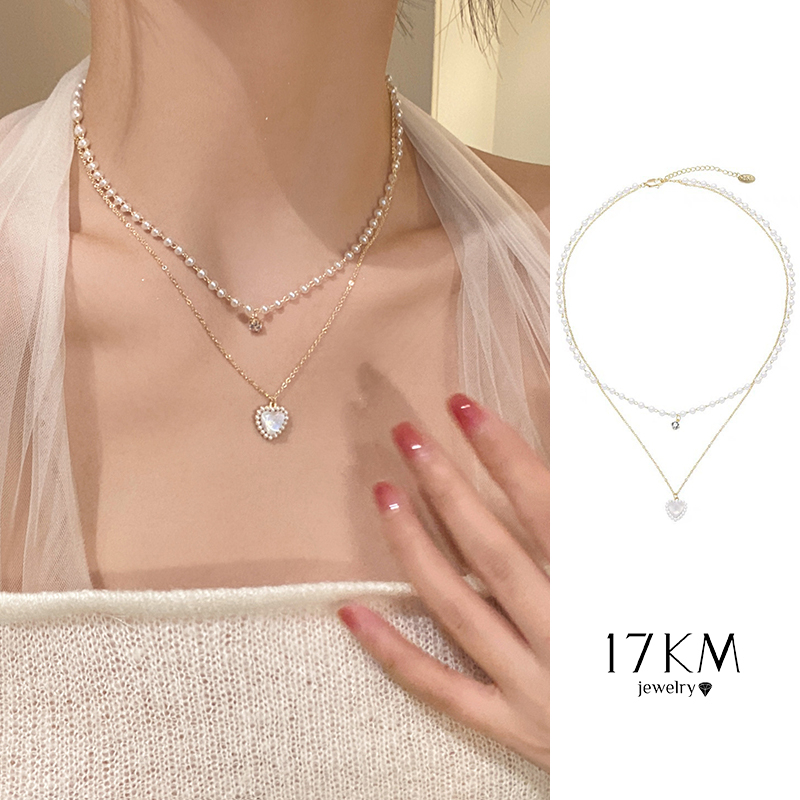 Vòng cổ 17KM chuỗi hạt ngọc trai mặt trái tim thời trang Hàn Quốc