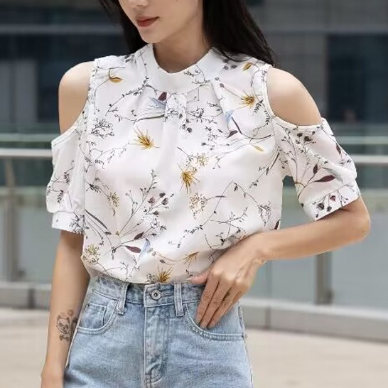 Áo voan in hoa hở vai ngắn tay thời trang hè cho nữ