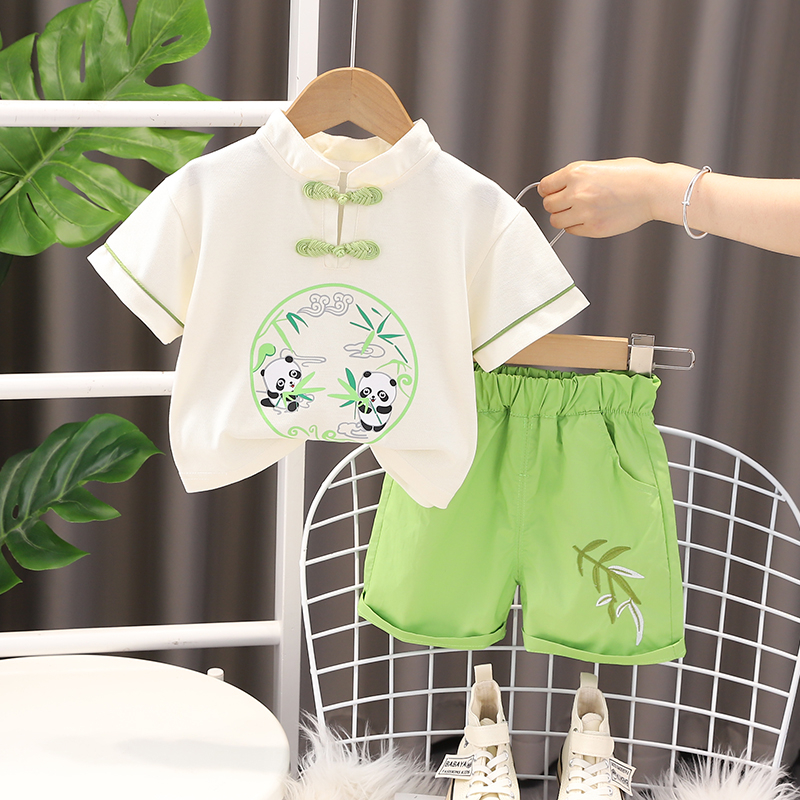 Set Đồ Mùa Hè 2 Món Gồm Áo Thun Tay Cộc In Hình Gấu Trúc + Quần Dài Thời Trang Cho Bé Trai