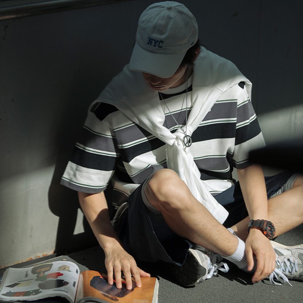 Áo Thun Tay Lỡ Họa Tiết Kẻ Sọc Phong Cách Nhật Bản Thời Trang Mùa Hè Cho Nam Và Nữ