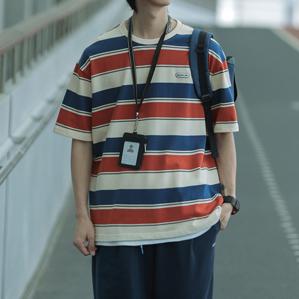 Áo Thun Tay Lỡ Họa Tiết Kẻ Sọc Phong Cách Nhật Bản Thời Trang Mùa Hè Cho Nam Và Nữ