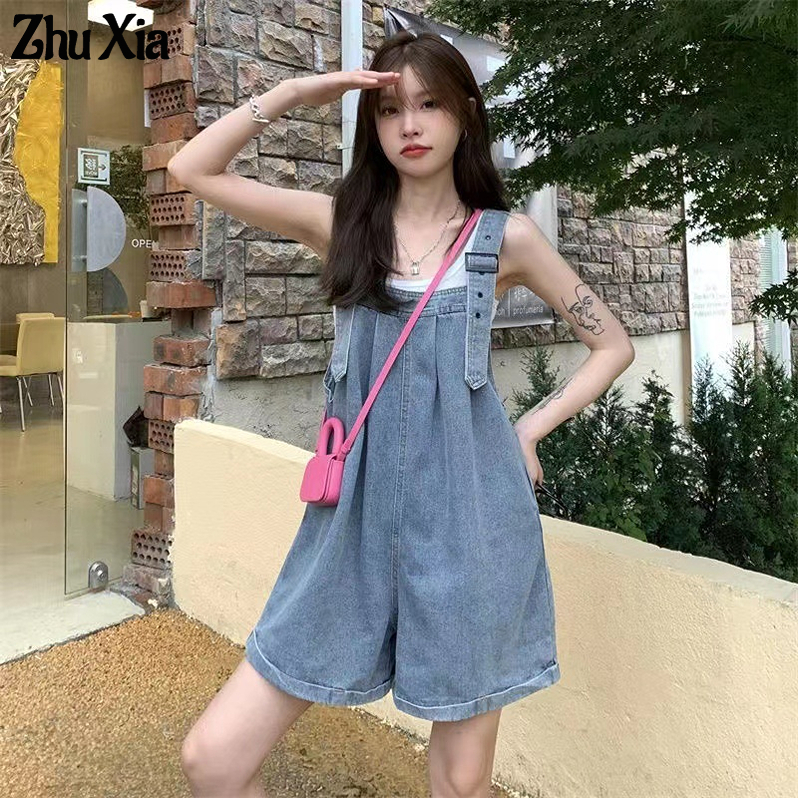 ZhuXia Quần Yếm Jeans Ngắn Ống Rộng plus size Cho Nữ