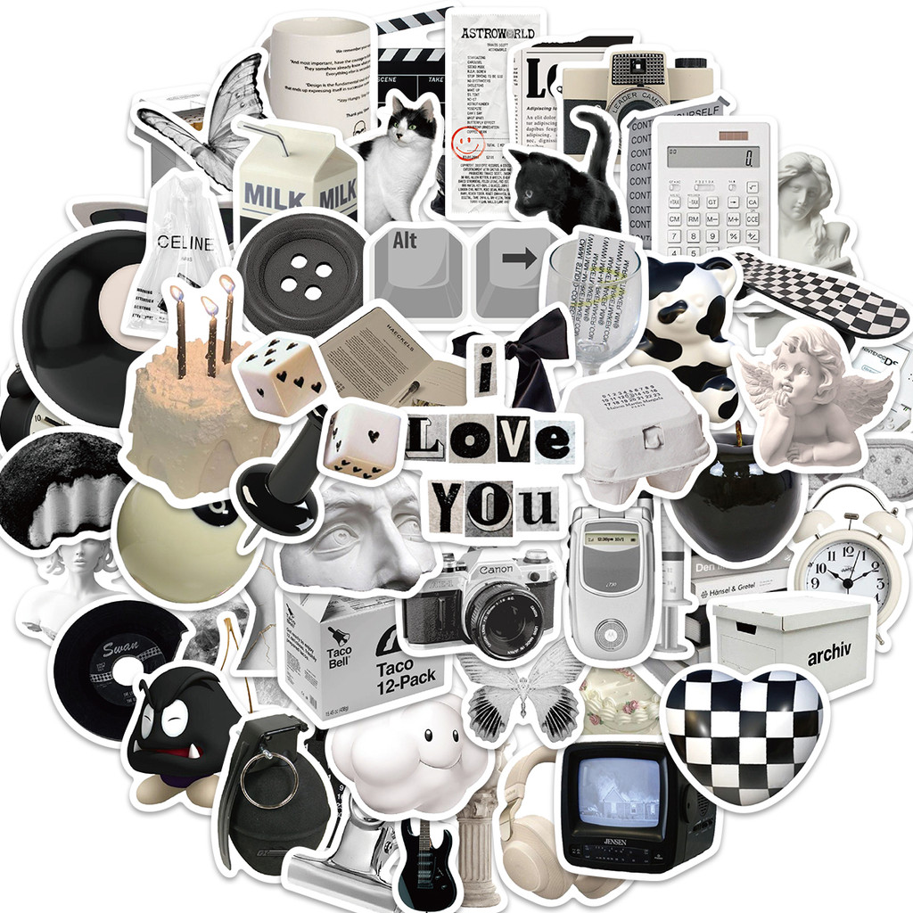 Bộ 61 Miếng Dán Graffiti Màu Trắng Đen Chống Nước Trang Trí Vali Laptop Xe Hơi Thể Thao DIY