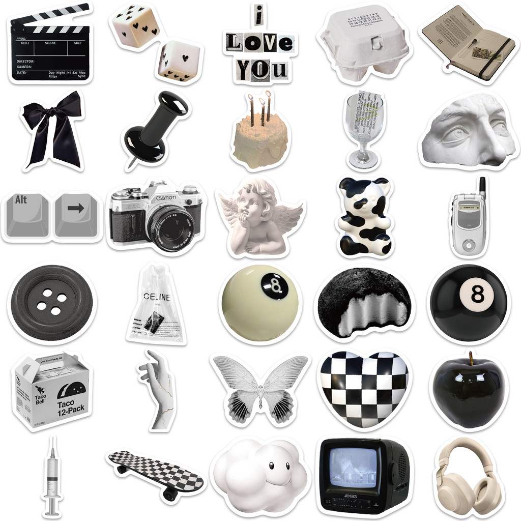 Bộ 61 Miếng Dán Graffiti Màu Trắng Đen Chống Nước Trang Trí Vali Laptop Xe Hơi Thể Thao DIY