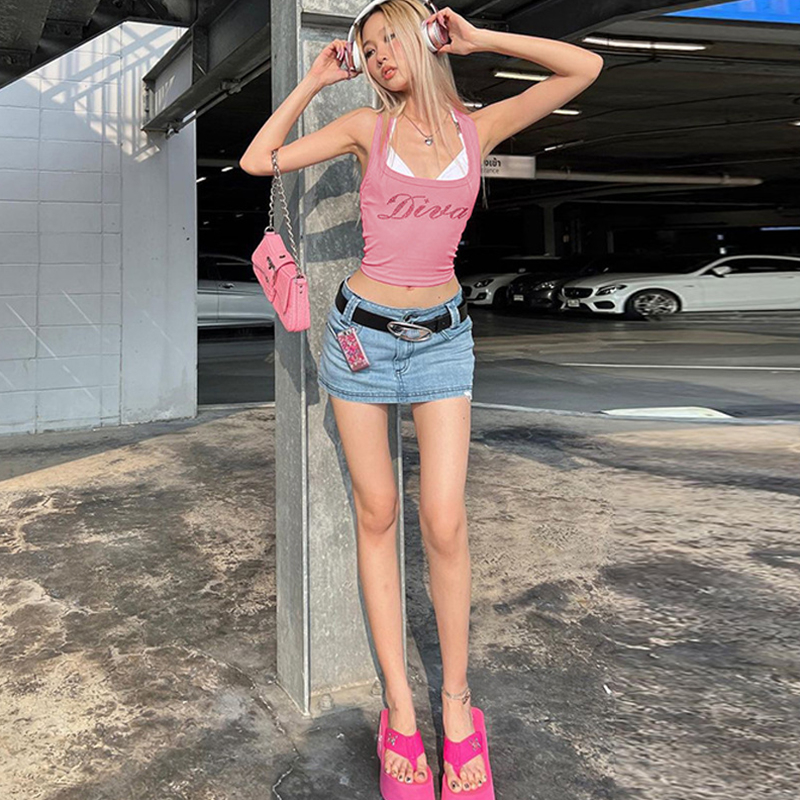 Áo Crop Top Không Tay In Chữ Đính Đá Màu Hồng Thời Trang Mùa Hè Cho Nữ