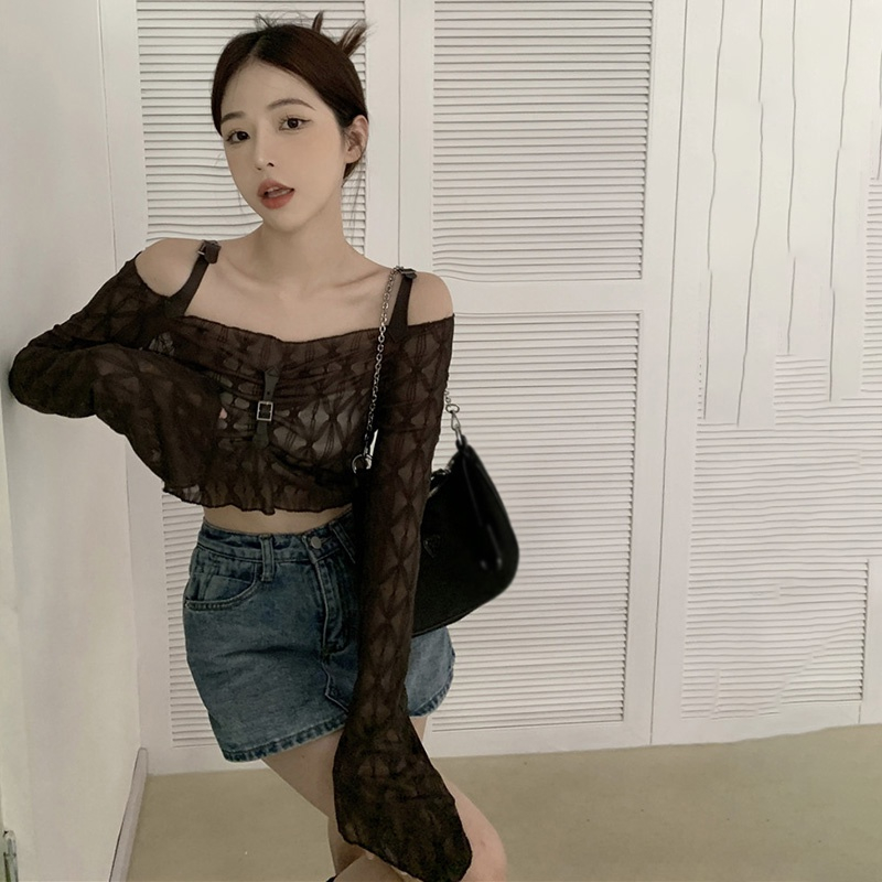 Áo Croptop Trễ Vai Xếp Ly Chống Nắng Phong Cách Sành Điệu Cho Nữ