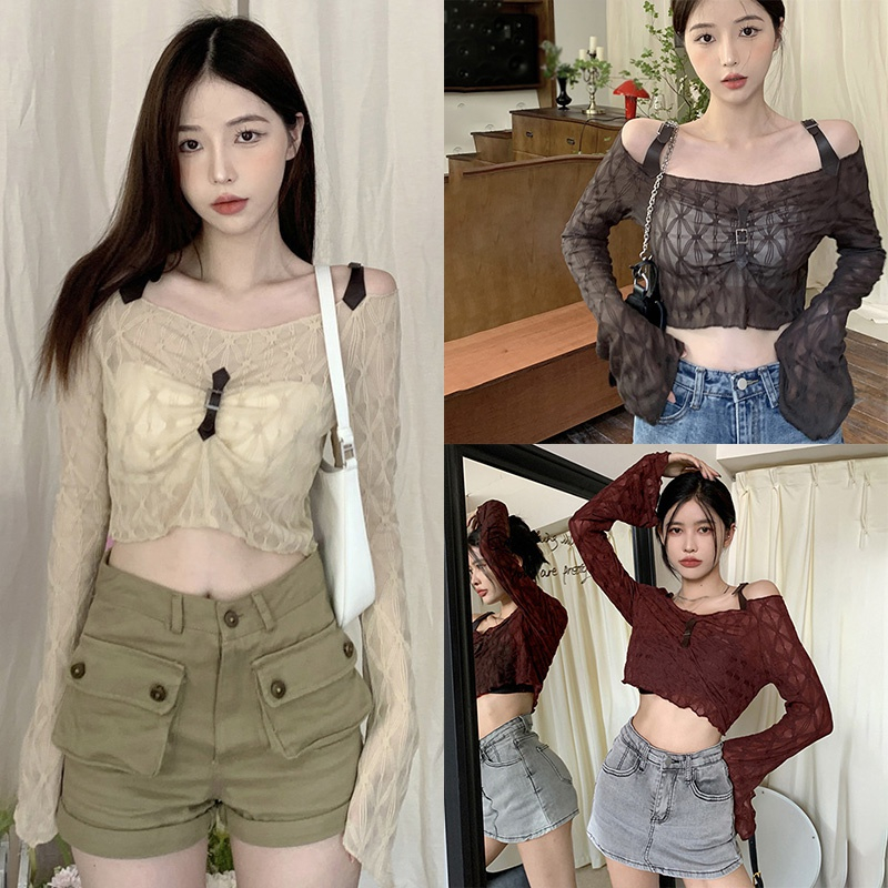 Áo Croptop Trễ Vai Xếp Ly Chống Nắng Phong Cách Sành Điệu Cho Nữ