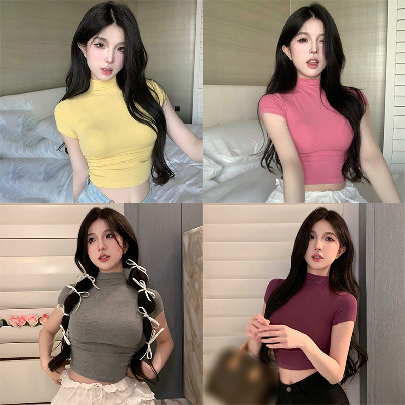 Áo Thun Crop top Tay Ngắn Cổ Lọ Màu Sắc Thời Trang Mùa Hè Quyến Rũ Cho Nữ