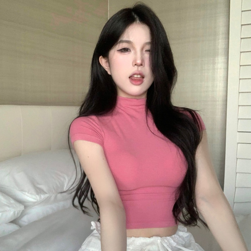 Áo Thun Crop top Tay Ngắn Cổ Lọ Màu Sắc Thời Trang Mùa Hè Quyến Rũ Cho Nữ