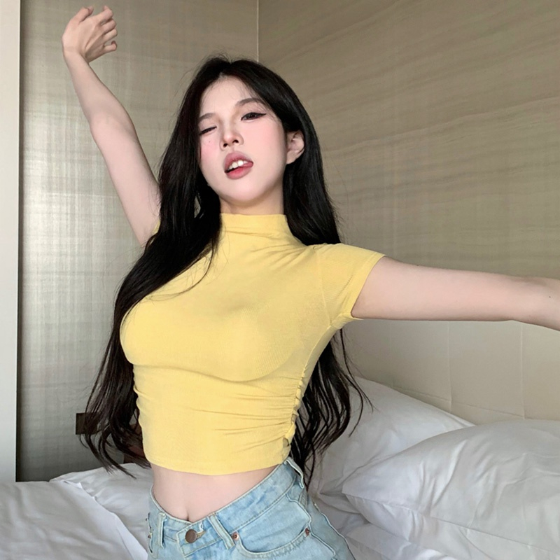 Áo Thun Crop top Tay Ngắn Cổ Lọ Màu Sắc Thời Trang Mùa Hè Quyến Rũ Cho Nữ