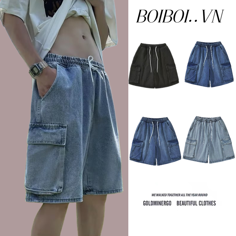 Quần short nam denim dáng suông rộng phong cách thời trang retro nhật hàn big size quần shor tđẹp jean unisex ngắn túi hộp