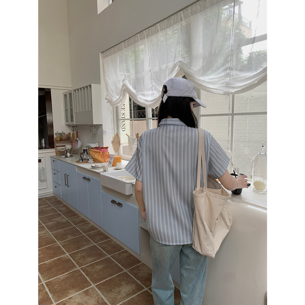 SUXI Áo Sơ Mi Tay Ngắn Dáng Rộng Họa Tiết Kẻ Sọc Thời Trang Mùa Hè Dễ Phối Đồ Cho Nữ