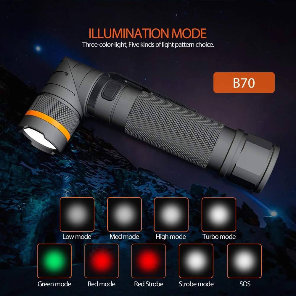 Đèn Pin LED 1200LM B70 B70 Siêu Sáng, Có Thể Sạc Được, Chống Thấm Nước