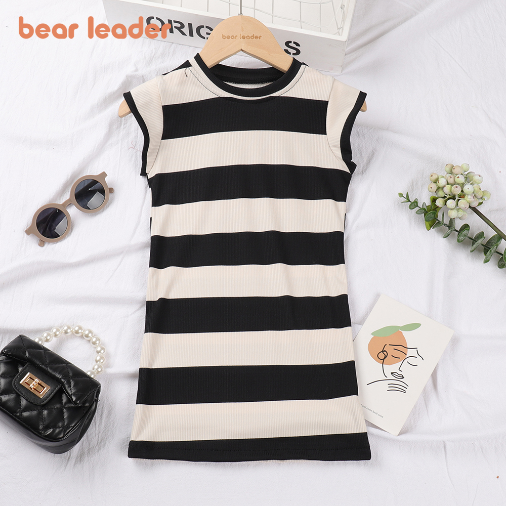 Đầm BEAR LEADER dáng dài mỏng họa tiết kẻ sọc phong cách Hàn Quốc thời trang mùa hè 2022 mới dành cho bé gái