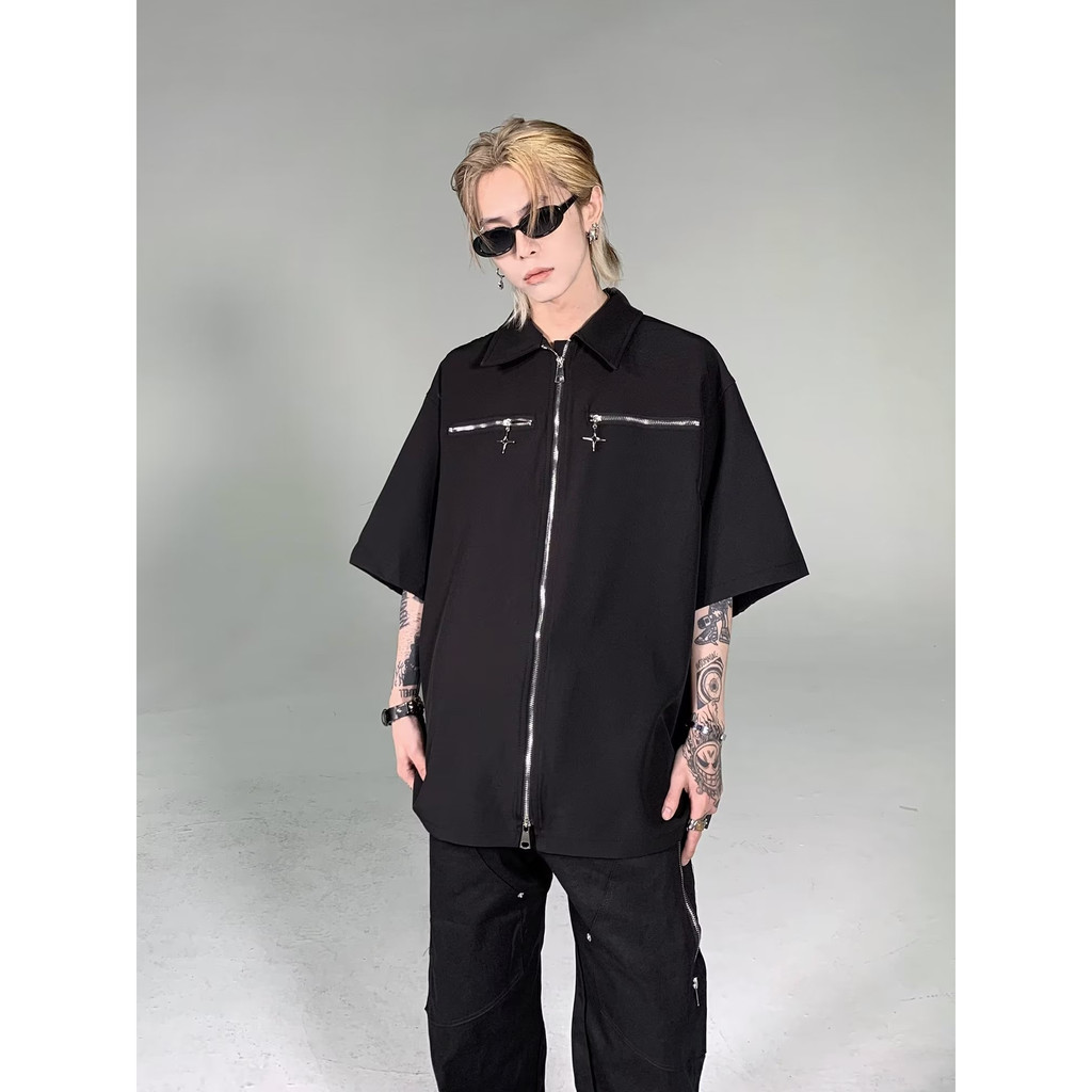 Áo Sơ Mi Ngắn Tay Màu Trơn Có Khóa Kéo Họa Tiết Ngôi Sao Năm Cánh Cá Tính