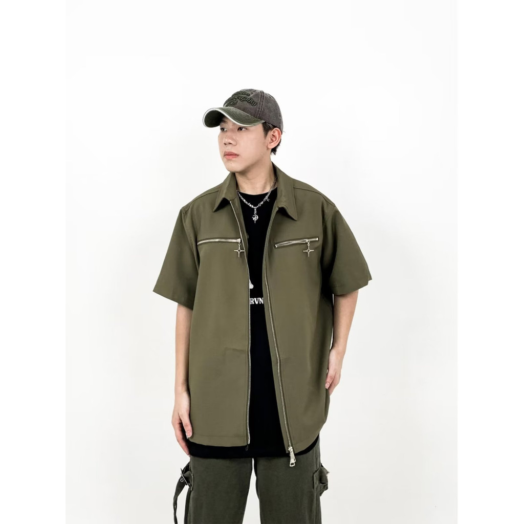 Áo Sơ Mi Ngắn Tay Màu Trơn Có Khóa Kéo Họa Tiết Ngôi Sao Năm Cánh Cá Tính