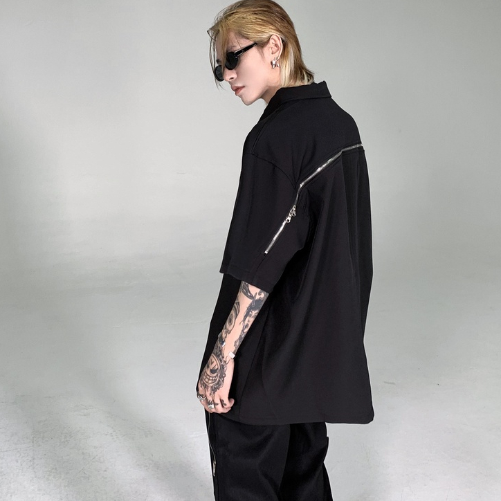 Áo Sơ Mi Ngắn Tay Màu Trơn Có Khóa Kéo Họa Tiết Ngôi Sao Năm Cánh Cá Tính