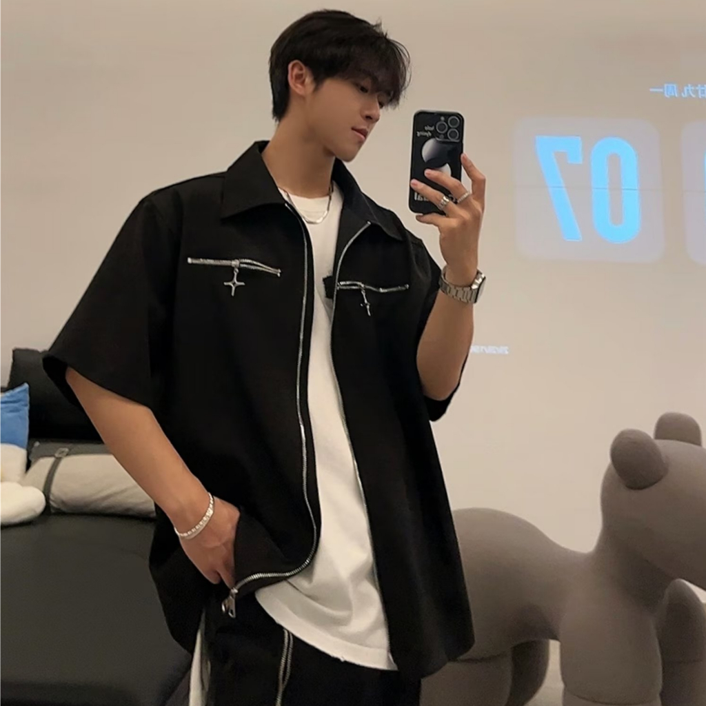 Áo Sơ Mi Ngắn Tay Màu Trơn Có Khóa Kéo Họa Tiết Ngôi Sao Năm Cánh Cá Tính