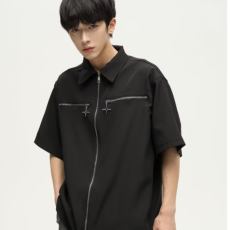 Áo Sơ Mi Ngắn Tay Màu Trơn Có Khóa Kéo Họa Tiết Ngôi Sao Năm Cánh Cá Tính