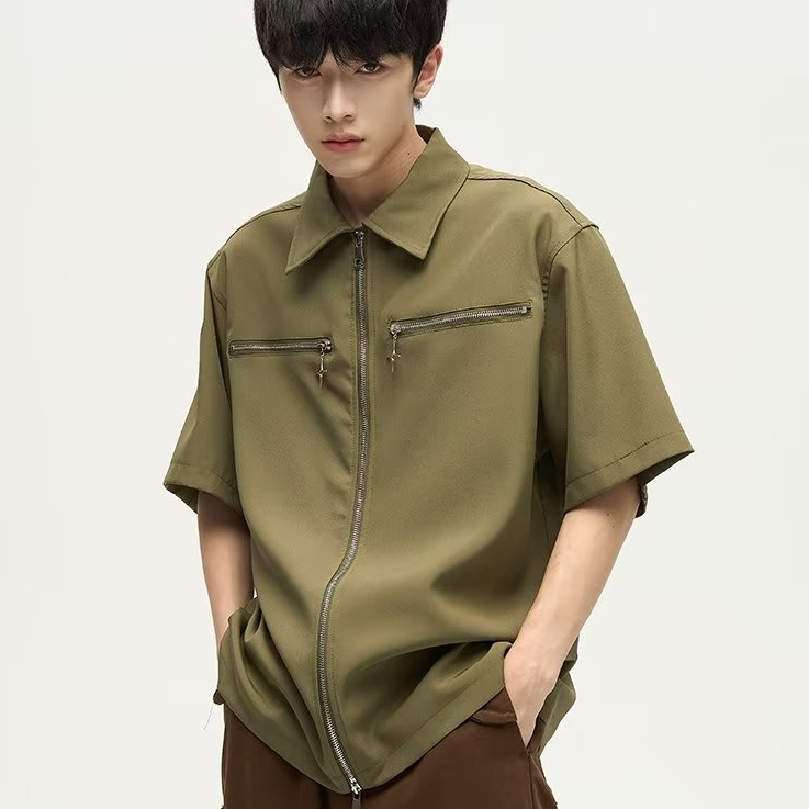 Áo Sơ Mi Ngắn Tay Màu Trơn Có Khóa Kéo Họa Tiết Ngôi Sao Năm Cánh Cá Tính