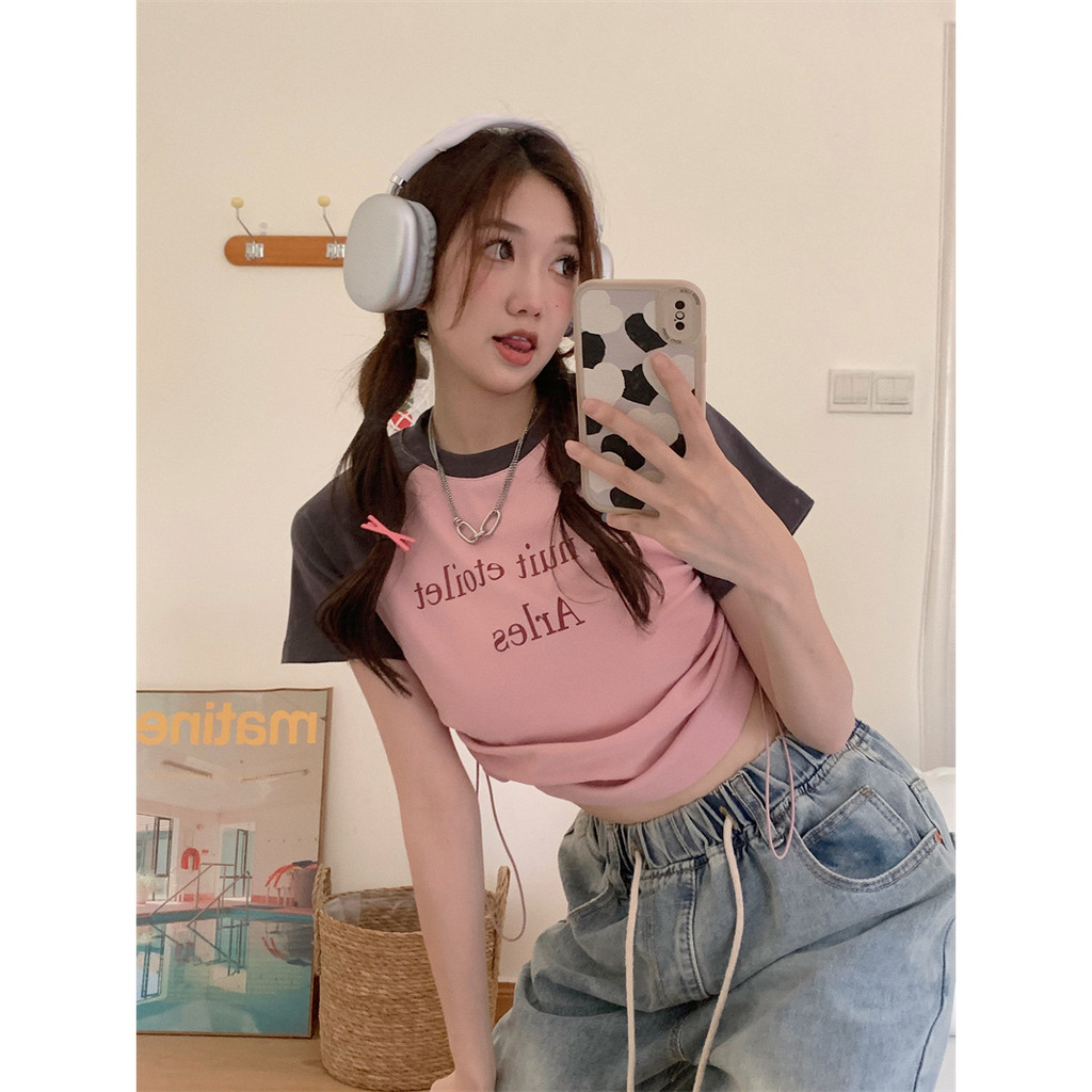 QADCOL  áo croptop hồng Áo Thun Tay Ngắn Dáng Ôm Màu Sắc Tương Phản Thời Trang Mùa Hè Dành Cho áo rút dây Nữ