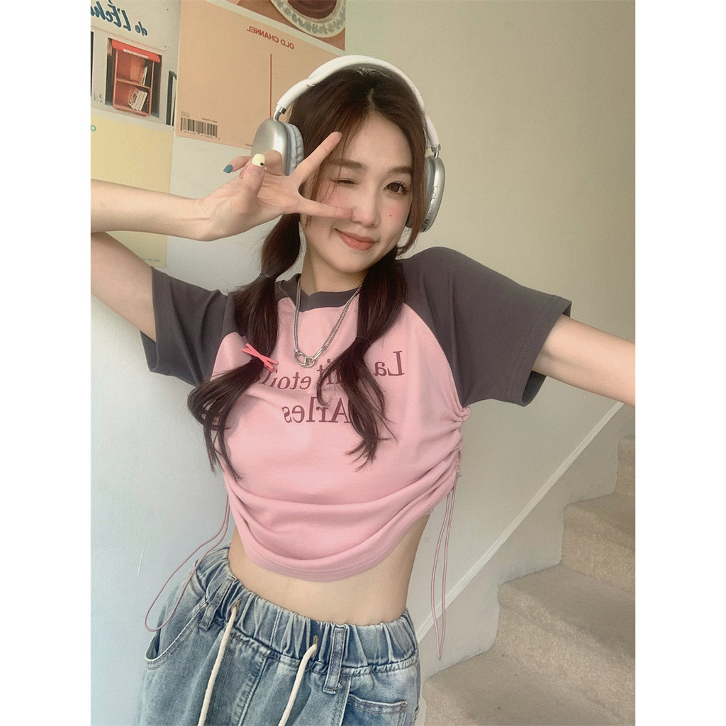 QADCOL  áo croptop hồng Áo Thun Tay Ngắn Dáng Ôm Màu Sắc Tương Phản Thời Trang Mùa Hè Dành Cho áo rút dây Nữ