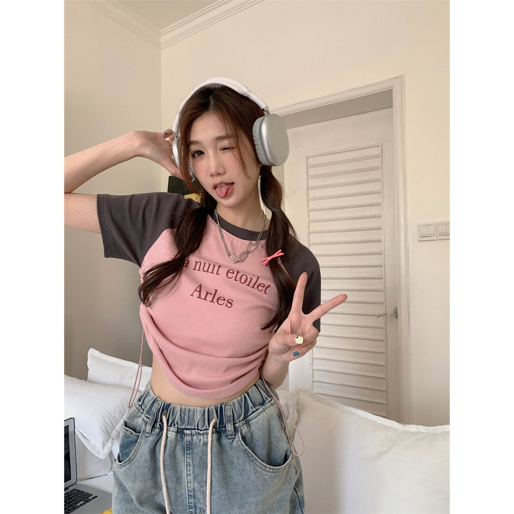 QADCOL  áo croptop hồng Áo Thun Tay Ngắn Dáng Ôm Màu Sắc Tương Phản Thời Trang Mùa Hè Dành Cho áo rút dây Nữ