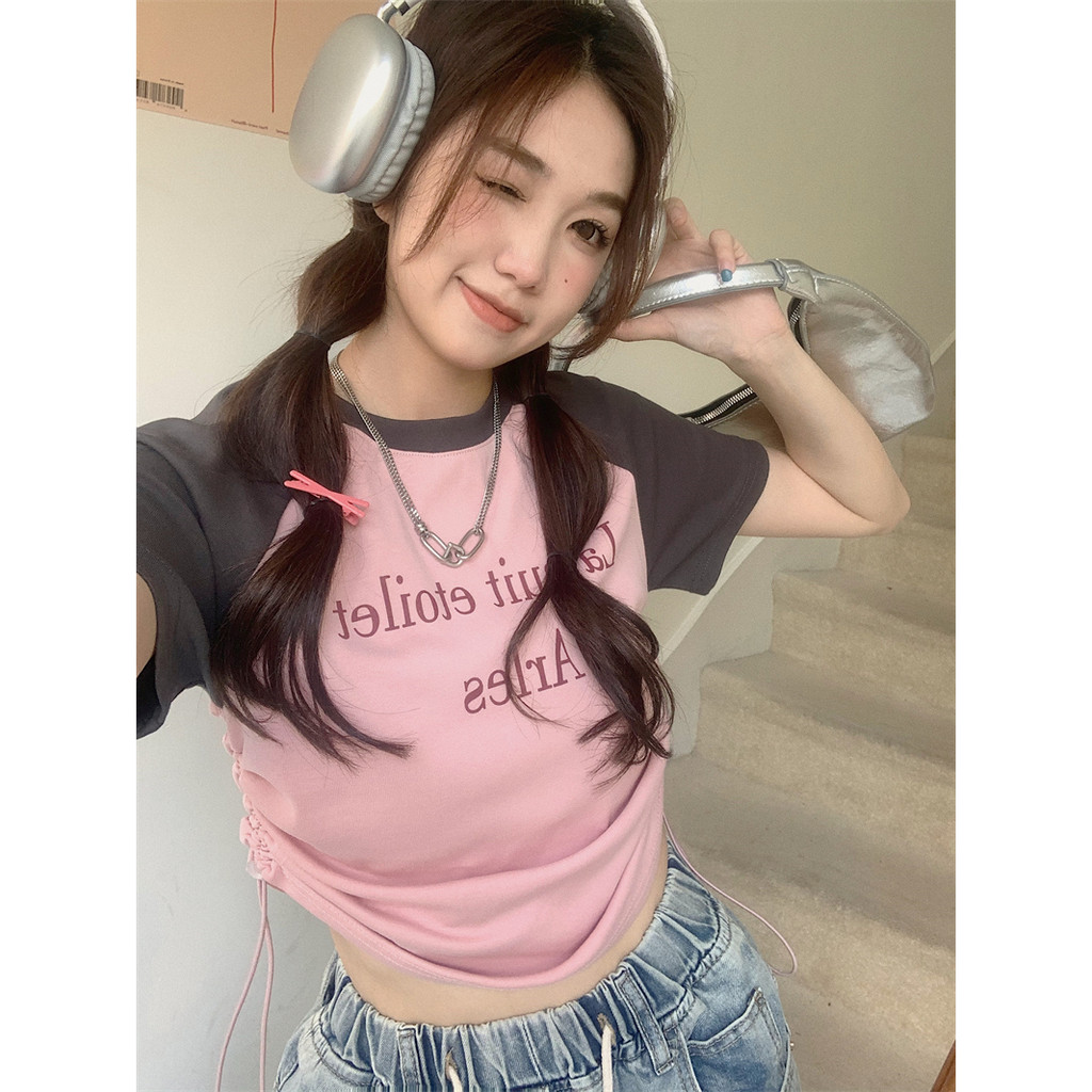 QADCOL  áo croptop hồng Áo Thun Tay Ngắn Dáng Ôm Màu Sắc Tương Phản Thời Trang Mùa Hè Dành Cho áo rút dây Nữ