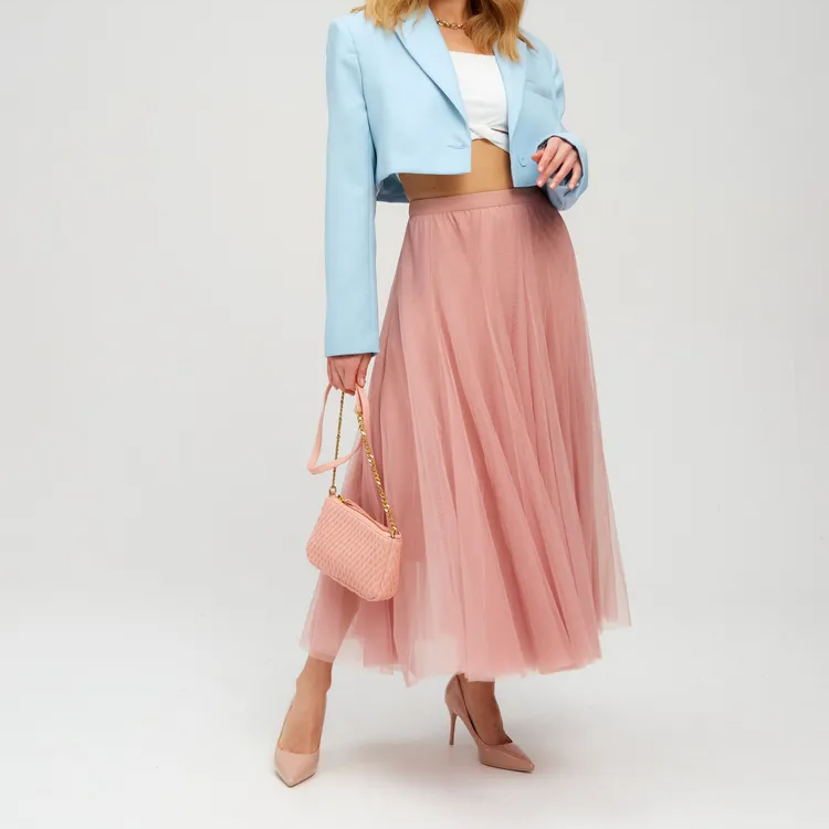 Chân Váy maxi Chữ A Dài Eo Cao Co Giãn Phối Lưới Màu Đỏ Thời Trang Mùa Hè Dành Cho Nữ